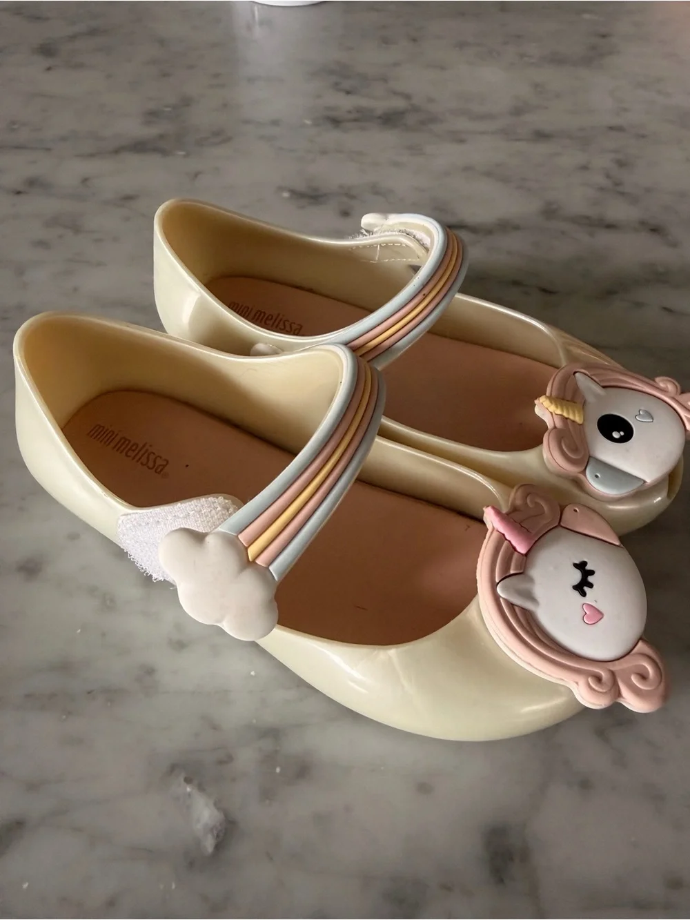 Mini Melissa Girls' Unicorn Mary Janes in Pearly Cream with Rainbow Strap